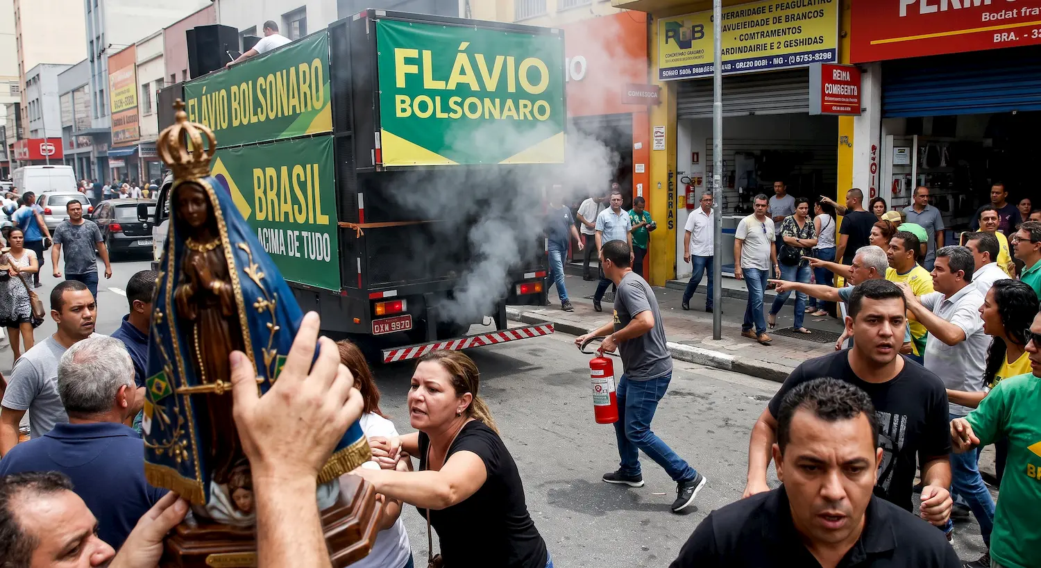 Flavio Bolsonaro leva santa em comício e carro de som pega fogo! Flavio Bolsonaro leva santa em comício e carro de som pega fogo!
